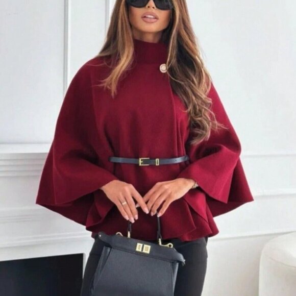Burgundy Casual Women's Elegant Stand Collar belted Poncho Coat - Picture 3 of 5